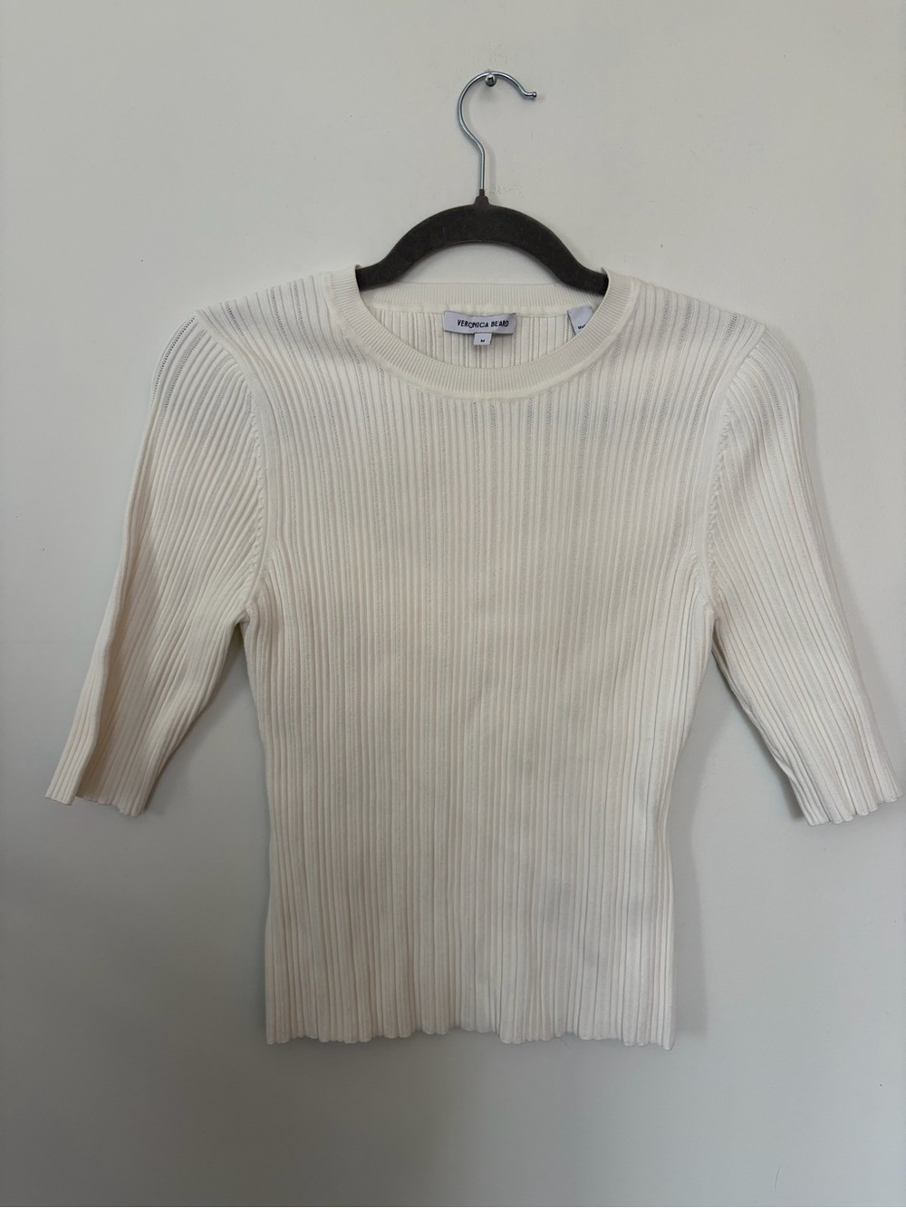 Veronica Beard Ivory Ribbed Short Sleeve Knit Top - Medium
